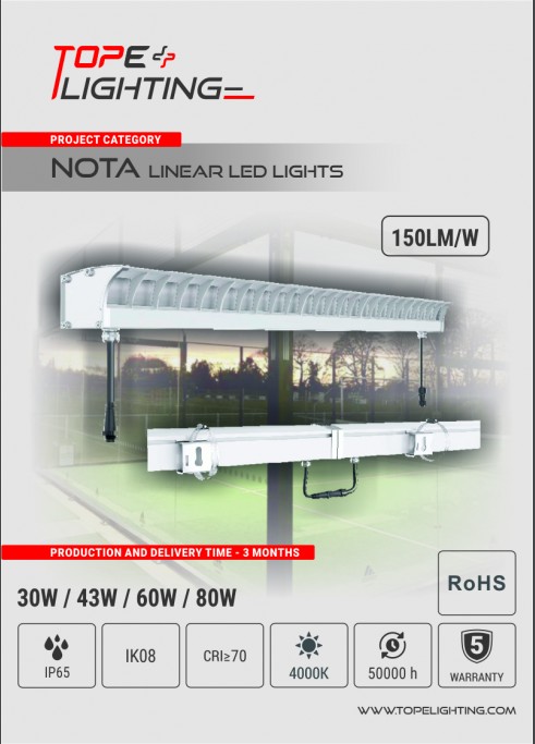 NOTA DUST AND MOISTURE RESISTANT TENNIS/PADEL COURT LINEAR LED LUMINAIRE